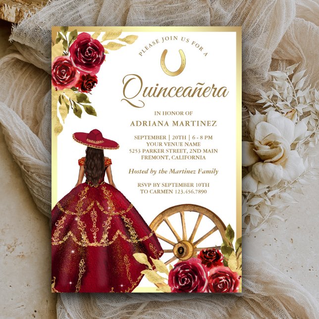 Burgundy Red Blommigt Dress Charro Guld Quinceaner Inbjudningar (Skapare uppladdad)