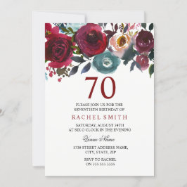 Burgundy Red Blommigt Elegant 70 Birthday Inbjudan