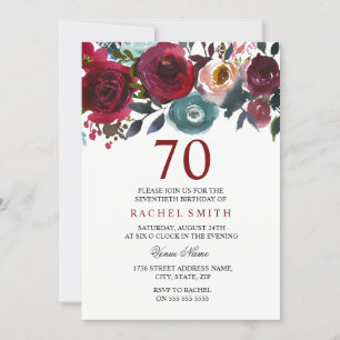 Burgundy Red Blommigt Elegant 70 Birthday Inbjudan