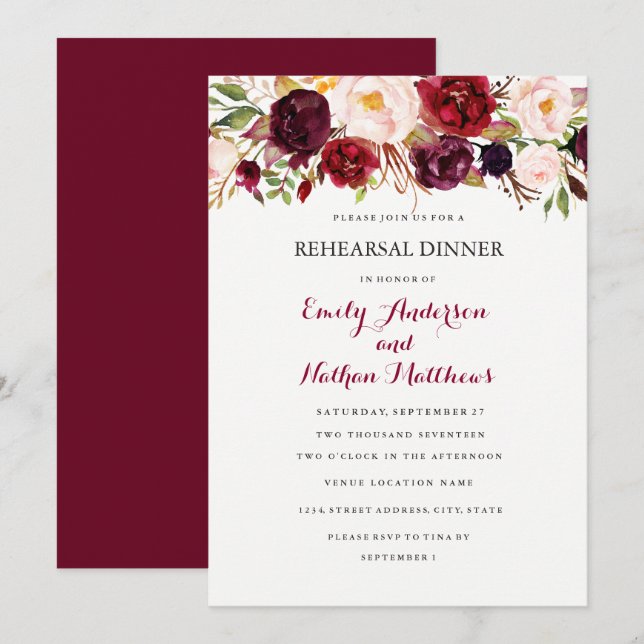 Burgundy Red Blommigt Fall Rehearsal Dinner Card Inbjudningar (Fram/baksida)