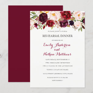 Burgundy Red Blommigt Fall Rehearsal Dinner Card Inbjudningar