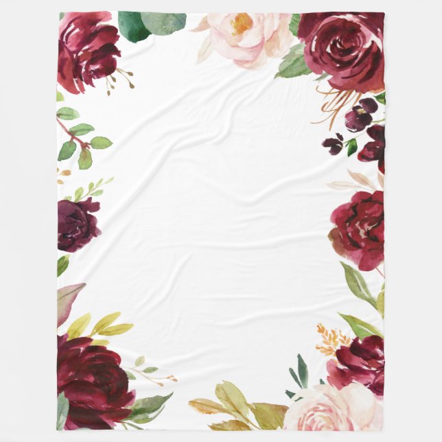 Burgundy Red  Blommigt Fleecefilt (Framsidan)