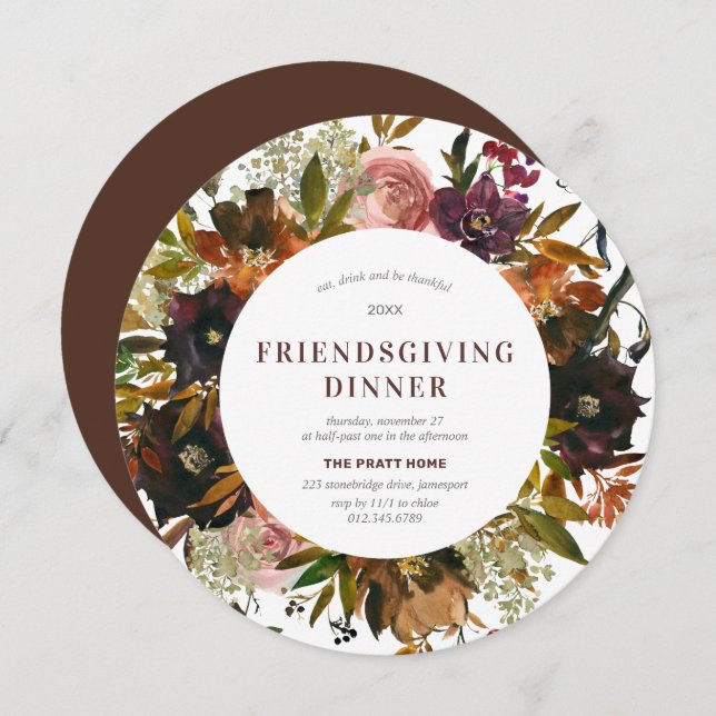 Burgundy Red Blommigt Friendsgiving Modern Inbjudningar (Fram/baksida)