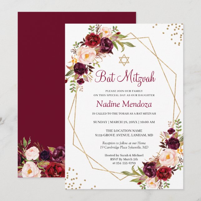  Burgundy Red Blommigt Geometric Bat mitzvah Inbjudningar (Fram/baksida)