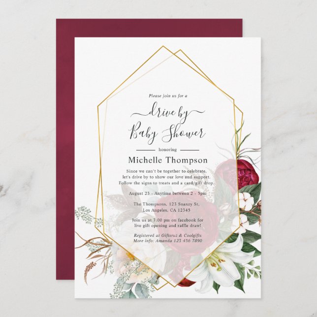 Burgundy Red Blommigt Geometric Drive by Shower Inbjudningar (Fram/baksida)