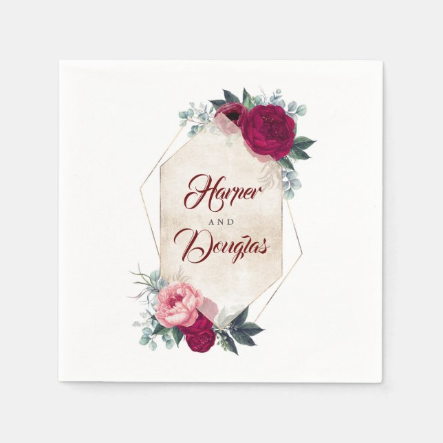 Burgundy Red Blommigt Geometric Fall Wedding Pappersservett (Framsidan)