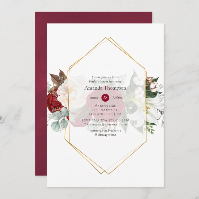 Burgundy Red Blommigt Geometric Möhippa Inbjudningar (Fram/baksida)