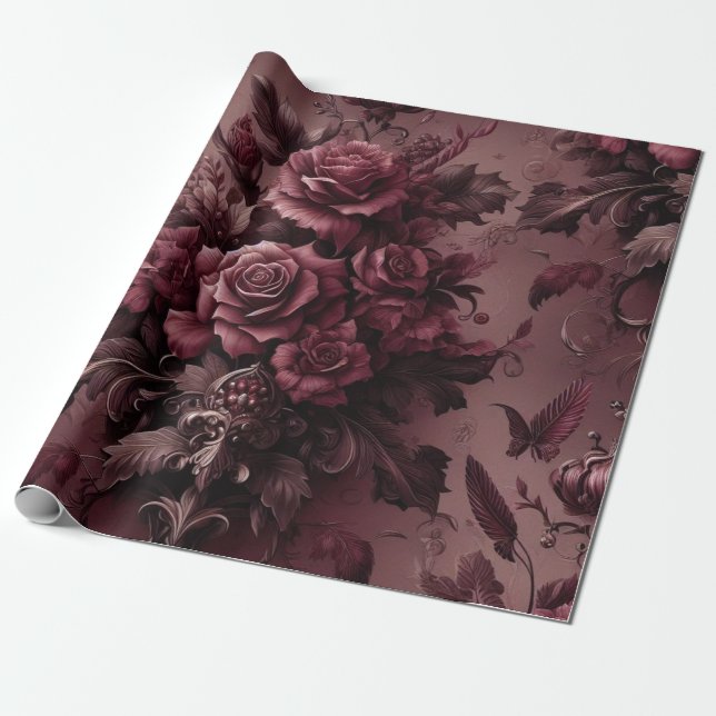 Burgundy Red Blommigt Gift Wrapping Papper Presentpapper (Utrullad)