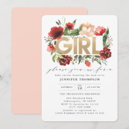 Burgundy Red Blommigt Guld Glitter Baby Shower Inbjudningar