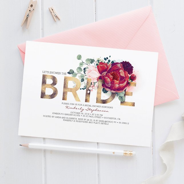 Burgundy Red Blommigt Guld Glitter Möhippa Inbjudningar (Floral Bridal Shower Invitation)