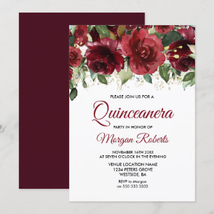 Burgundy Red Blommigt Guld Glitter Quinceanera Par Inbjudningar
