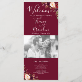 Burgundy Red Blommigt Hand Lettered Photo Bröllop Program