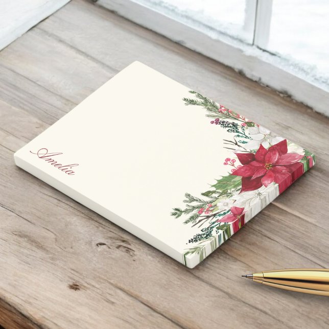 Burgundy Red Blommigt jul Bouquet med Namn Post-it Block (Skapare uppladdad)