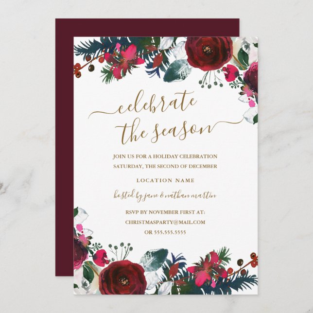 Burgundy Red Blommigt jul Party Inbjudningar (Fram/baksida)