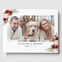 Burgundy Red Blommigt Namn Foto Bröllop Gästböcker