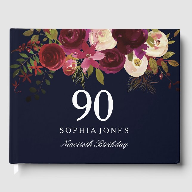 Burgundy Red Blommigt Navy 90:e Birthday Guest Bok (Framsida)