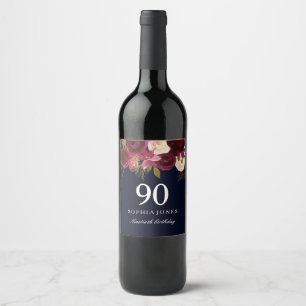 Burgundy Red Blommigt Navy 90:e Födelsedagsfest Vinflaska Etikett