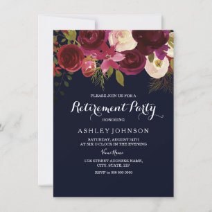 Burgundy Red Blommigt Navy Pension Party Inbjudan