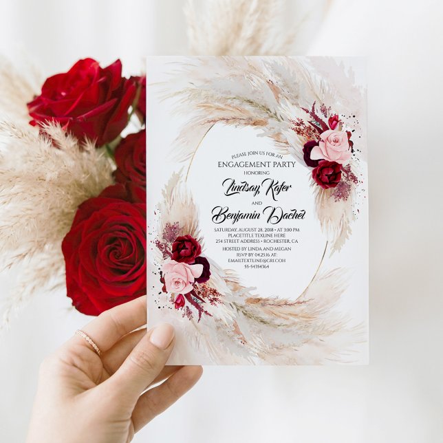 Burgundy Red Blommigt Pampas Grass Förlovningsfest Inbjudningar (Red and Pink Floral Botanical Engagement Party Invitation)