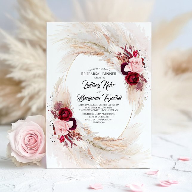 Burgundy Red Blommigt Pampas Grass Rehearsal Midda Inbjudningar (Rehearsal Dinner Invitation)