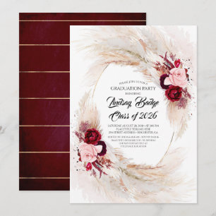 Burgundy Red Blommigt Pampas Grass Studentfest Inbjudningar