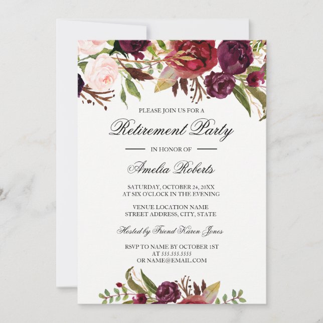 Burgundy Red Blommigt Pension Party Inbjudningar (Framsida)