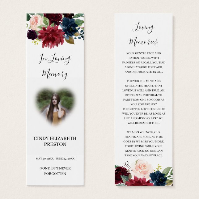 Burgundy Red Blommigt Photo Funeral Dikt Bookmark Litet Visitkort (Framsida & baksida)