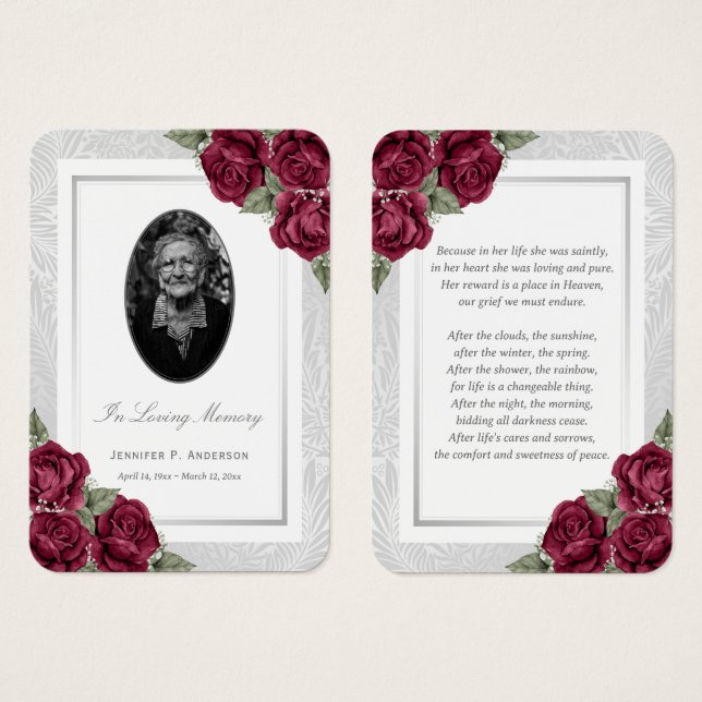 Burgundy Red Blommigt Photo Funeral Prayer Card Visitkort (Framsida & baksida)