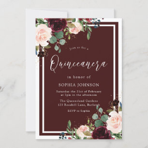Burgundy Red &  Blommigt Quinceanera Party Inbjudningar