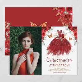 Burgundy Red Blommigt Quinceañera Princess Photo Inbjudningar