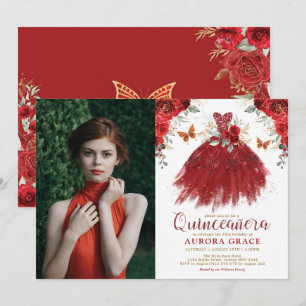 Burgundy Red Blommigt Quinceañera Princess Photo Inbjudningar