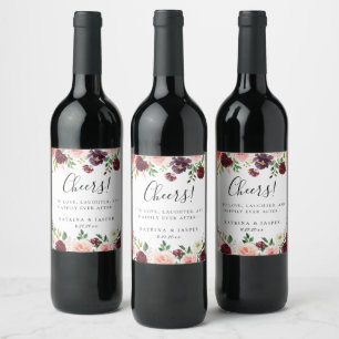 Burgundy Red Blommigt Ram Bröllop Vinflaska Etikett