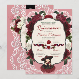 Burgundy Red Blommigt Ro Charro Quinceanera Inbjudningar