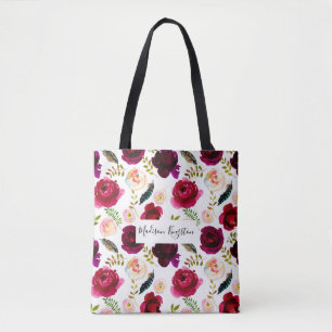 Burgundy Red Blommigt Rosa Boho Womans Tygkasse