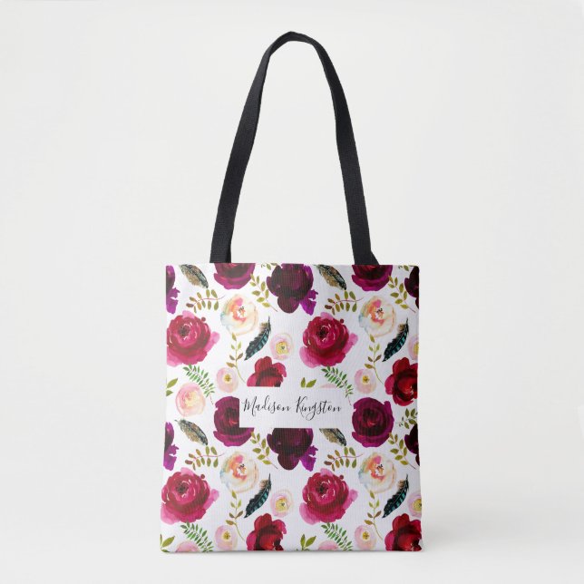 Burgundy Red Blommigt Rosa Boho Womans Tygkasse (Framsida)