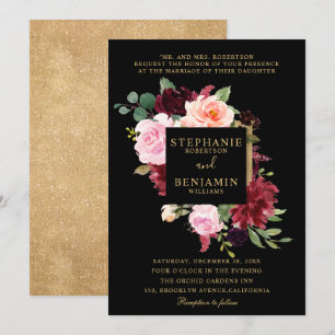 Burgundy Red Blommigt Rustic Boho Bröllop Inbjudningar
