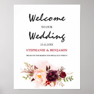 Burgundy Red Blommigt Rustic Boho Bröllop-tecken Poster