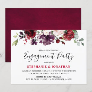 Burgundy Red Blommigt Rustic Boho Förlovning Inbjudningar