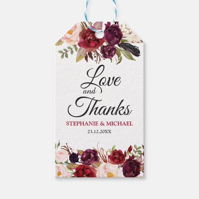 Burgundy Red Blommigt Rustic Boho Gift märkre Presentetikett (Framsidan)