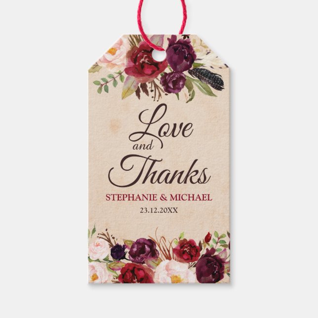 Burgundy Red Blommigt Rustic Boho Gift märkre Presentetikett (Framsidan)