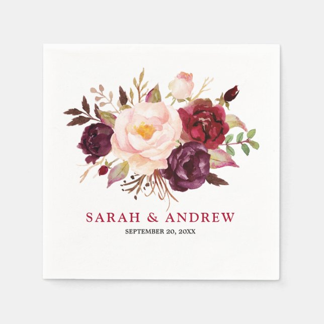 Burgundy Red Blommigt Rustic Boho Pappersservett (Framsidan)