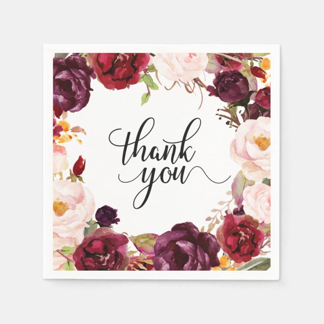 Burgundy Red Blommigt Rustic Boho Pappersservett (Framsidan)