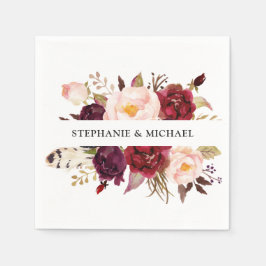 Burgundy Red Blommigt Rustic Boho Pappersservett