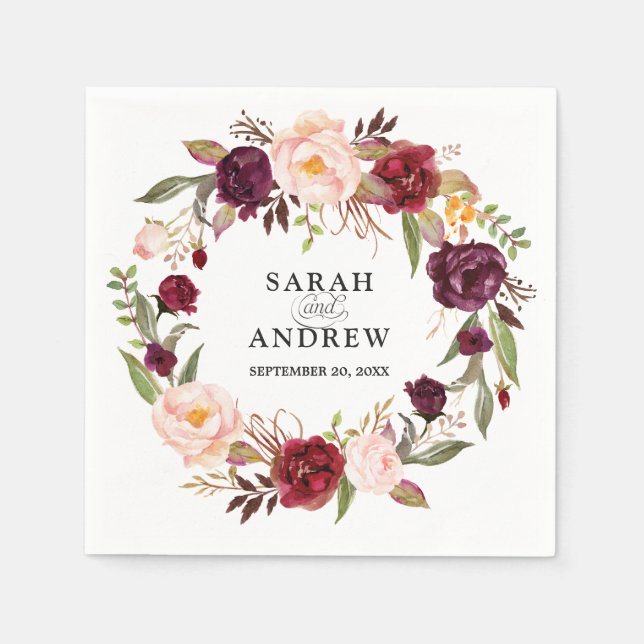 Burgundy Red Blommigt Rustic Boho Pappersservett (Framsidan)