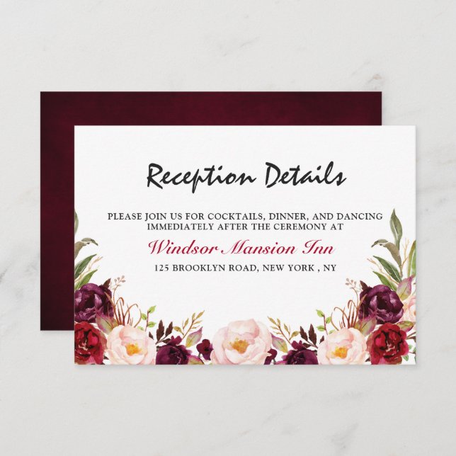 Burgundy Red Blommigt Rustic Boho Reception Inbjudningar (Fram/baksida)
