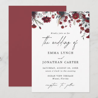 Burgundy Red Blommigt Rustic Wedding bjudande Inbjudningar
