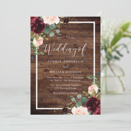 Burgundy Red & Blommigt Rustic Wood Bröllop Inbjudningar