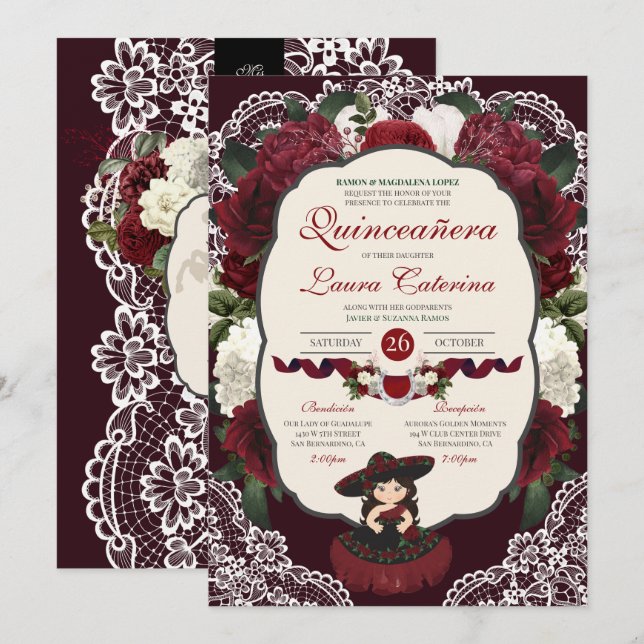 Burgundy Red Blommigt Snöre Charro Quinceanera Inbjudningar (Fram/baksida)