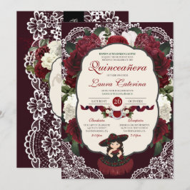 Burgundy Red Blommigt Snöre Charro Quinceanera Inbjudningar
