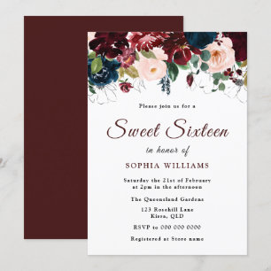 Burgundy Red, Blommigt Sweet 16 Party Inbjudningar